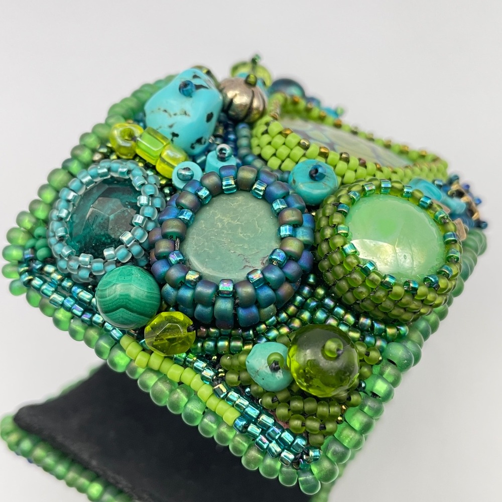 LARGE Beaded Turquoise Boho Cuff Bracelet Adjustable Statement Chunky Bracelet - Picture 8 of 17